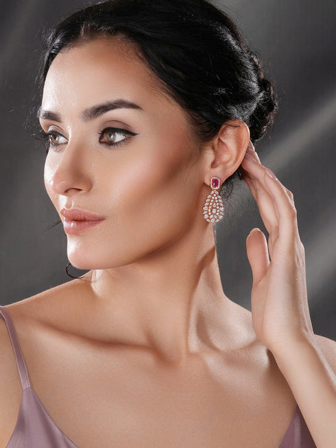 Rose Gold Plated Ruby Red AD Studded Luxe Drop Earrings