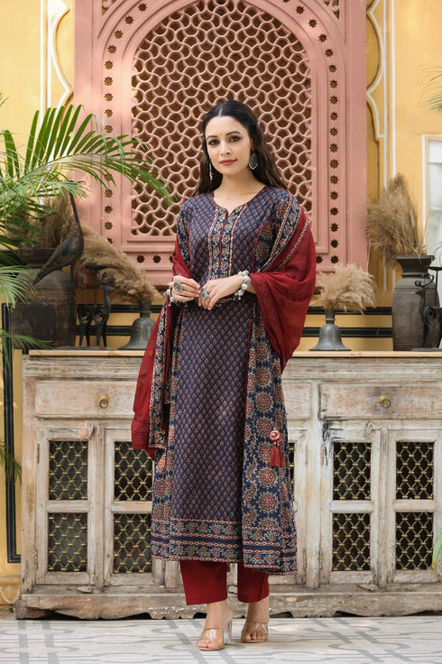 Women Blue Anarkali Cotton Printed Kurta Set