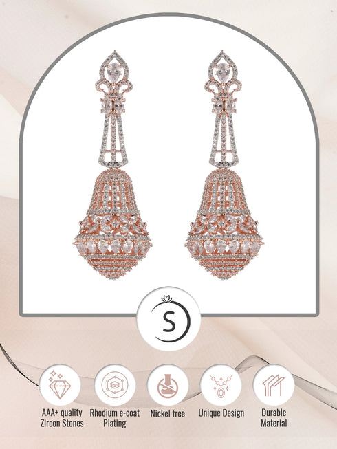 Rose Gold plated White AD studded handcrafted Bell shaped Jhumka for Women & Girls