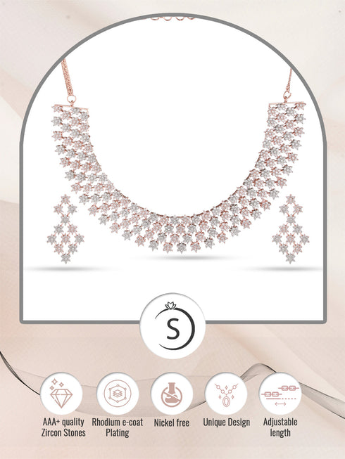 Rose Gold Plated White AD Studded Modern Necklace Jewellery Set Earrings