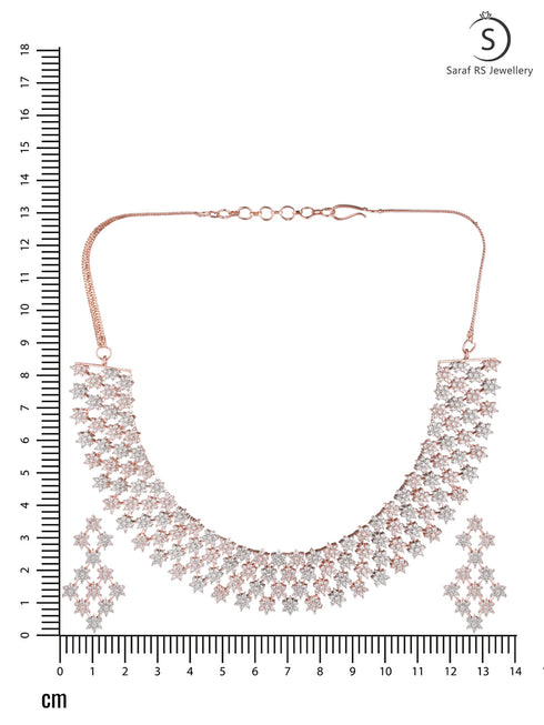 Rose Gold Plated White AD Studded Modern Necklace Jewellery Set Earrings
