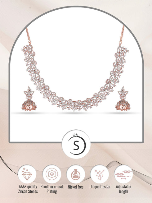 Rose Gold Plated White AD Studded Necklace Jhumka Jewellery Set