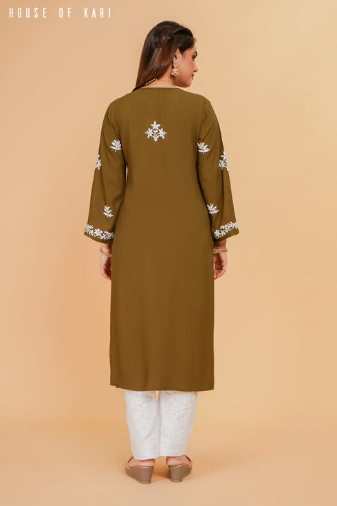 Rayon Chikankari Straight Kurta in Olive Brown