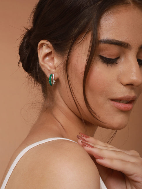 Silver Plated Green Enamelled AD Studded Bali Hoop earrings