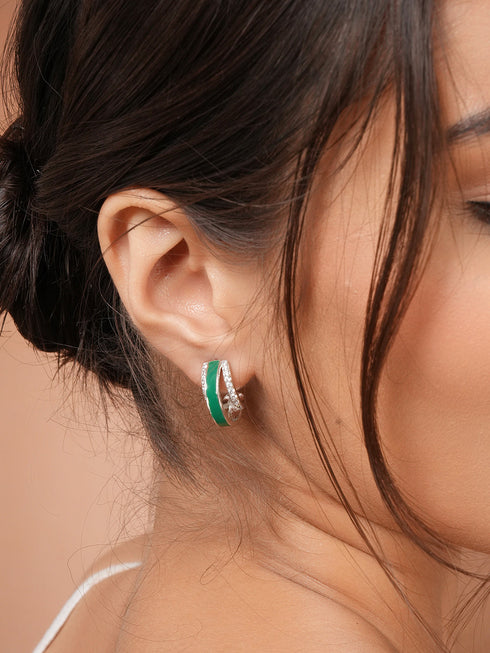 Silver Plated Green Enamelled AD Studded Bali Hoop earrings