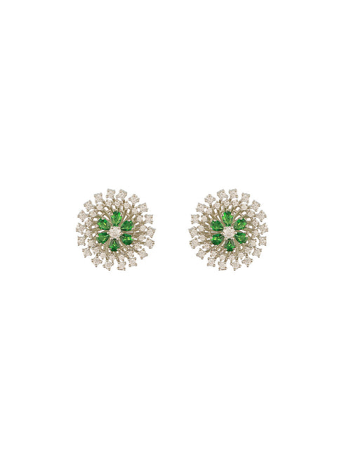 White Rhodium Green Emerald Studded Floral Design Solar Statement Studds Earrings
