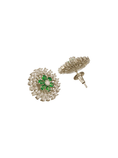 White Rhodium Green Emerald Studded Floral Design Solar Statement Studds Earrings