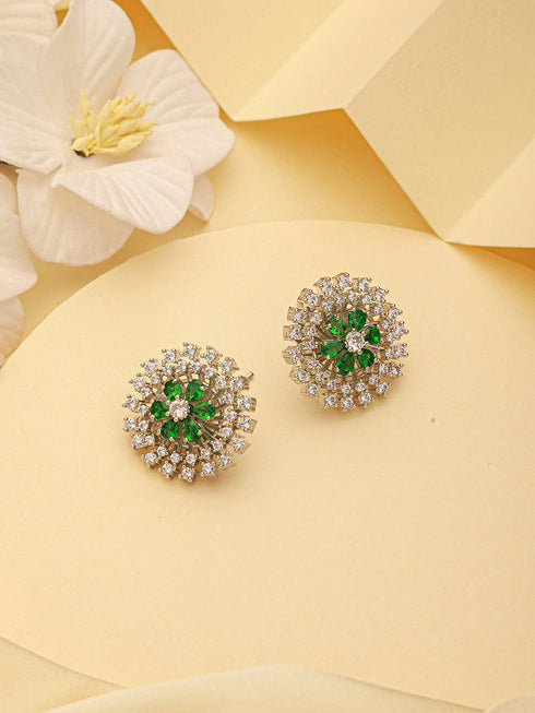 White Rhodium Green Emerald Studded Floral Design Solar Statement Studds Earrings