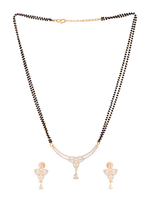 Gold Plated Black & White AD Studded & Beaded Mangalsutra Earrings
