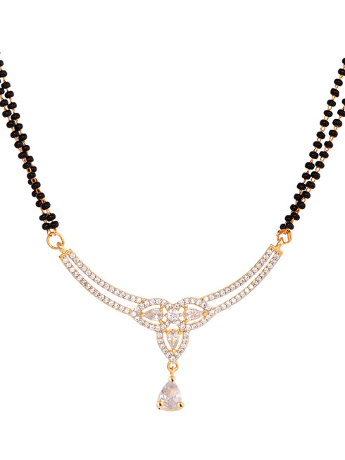 Gold Plated Black & White AD Studded & Beaded Mangalsutra Earrings