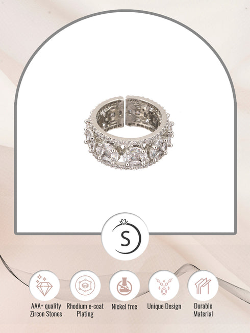 Silver Rhodium Plated White AD Studded Band Challa Finger Ring