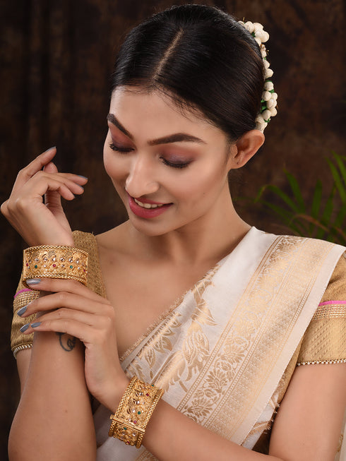 Set Of 2 Gold Plated Multi stone Studded Embellished Bangles