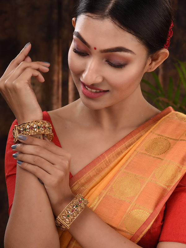 Set Of 2 Gold Plated Multi stone Studded Antique Bangles