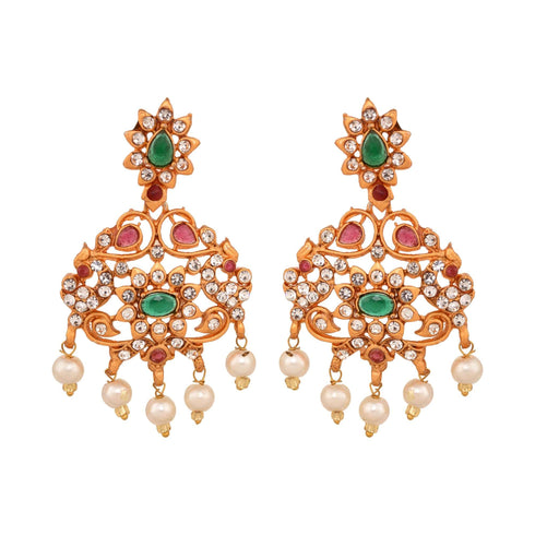 Gold Plated Green stone studded Pearl beaded Handcrafted Temple Jewellerey Set