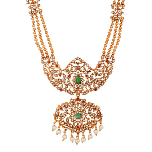 Gold Plated Green stone studded Pearl beaded Handcrafted Temple Jewellerey Set