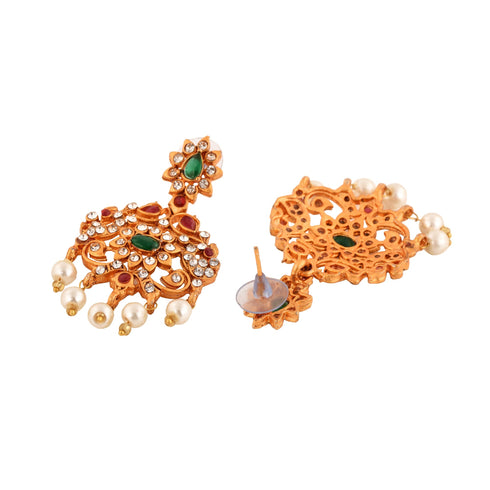 Gold Plated Green stone studded Pearl beaded Handcrafted Temple Jewellerey Set