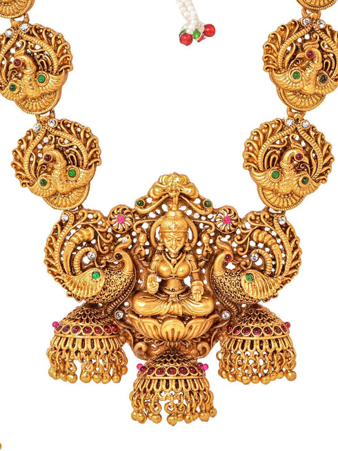 Gold Plated Exquisite Lakshmi Design Haram Temple Jewellery Set Jhumki Earrings