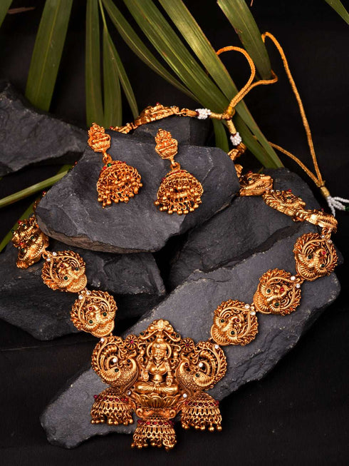 Gold Plated Exquisite Lakshmi Design Haram Temple Jewellery Set Jhumki Earrings