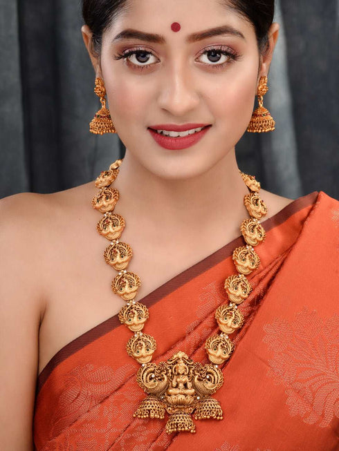 Gold Plated Exquisite Lakshmi Design Haram Temple Jewellery Set Jhumki Earrings