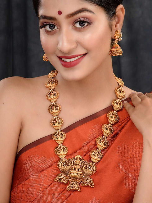 Gold Plated Exquisite Lakshmi Design Haram Temple Jewellery Set Jhumki Earrings
