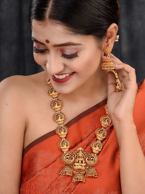 Gold Plated Exquisite Lakshmi Design Haram Temple Jewellery Set Jhumki Earrings