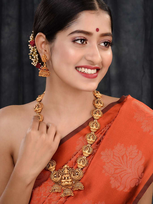 Gold Plated Exquisite Lakshmi Design Haram Temple Jewellery Set Jhumki Earrings