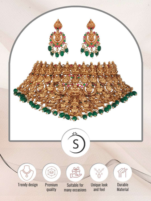 Gold Plated Intricate Temple Design Dangling Green Beads Choker Jewellery Set