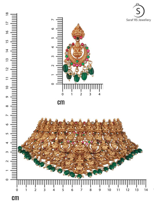 Gold Plated Intricate Temple Design Dangling Green Beads Choker Jewellery Set