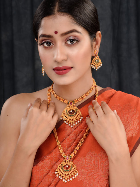 Gold Toned Grand South Indian Imitation Bridal Temple Jewellery Set