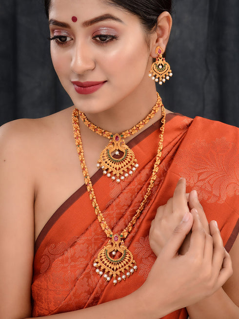 Gold Toned Grand South Indian Imitation Bridal Temple Jewellery Set