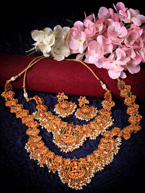 Gold Toned Gorgeous Saaddhvi Haram Combo Temple Jewellery Set