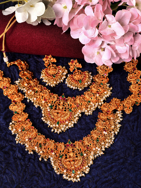 Gold Toned Gorgeous Saaddhvi Haram Combo Temple Jewellery Set