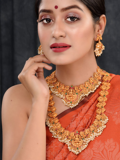 Gold Toned Gorgeous Saaddhvi Haram Combo Temple Jewellery Set