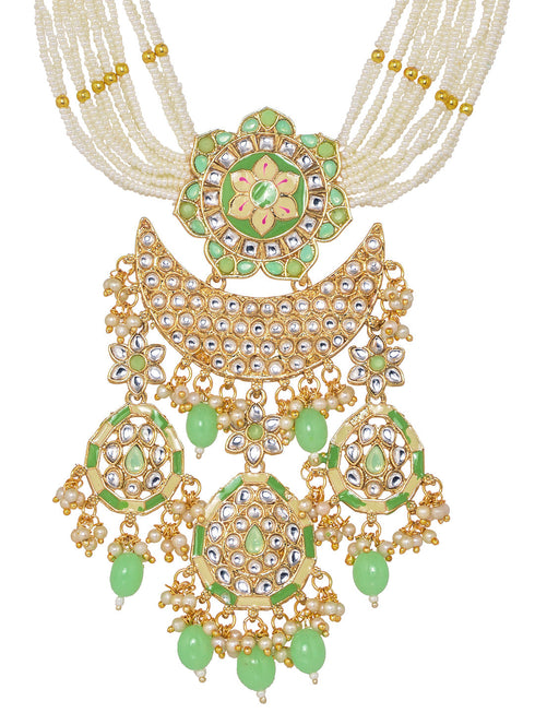 GoldPlated Mint AD & Kundan Stone Studded Necklace Jewellery Set