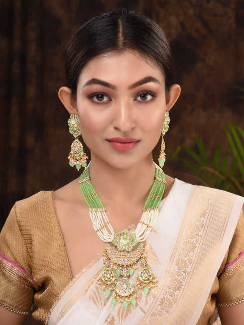 GoldPlated Mint AD & Kundan Stone Studded Necklace Jewellery Set