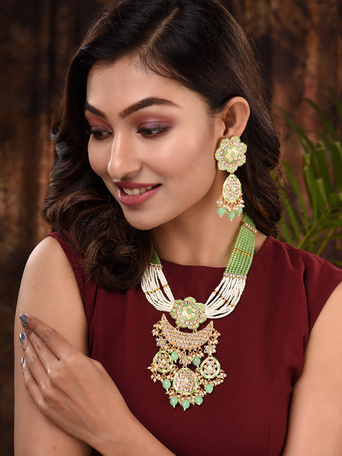 GoldPlated Mint AD & Kundan Stone Studded Necklace Jewellery Set