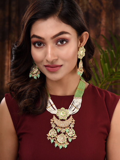 GoldPlated Mint AD & Kundan Stone Studded Necklace Jewellery Set