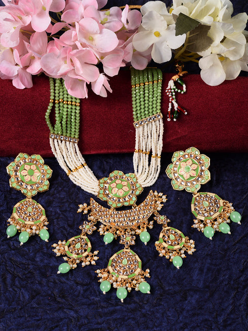 GoldPlated Mint AD & Kundan Stone Studded Necklace Jewellery Set