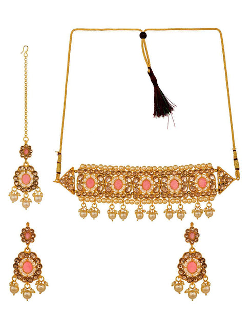 Gold Plated Pink AD studded Kundan Choker Jewellery Set