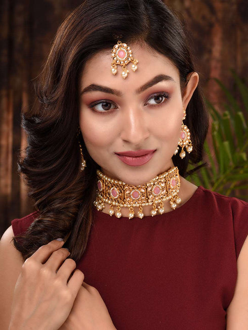 Gold Plated Pink AD studded Kundan Choker Jewellery Set