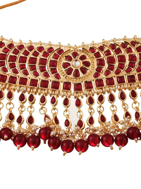 Gold Plated Red stone studded Pearl beaded Choker Jewellery set