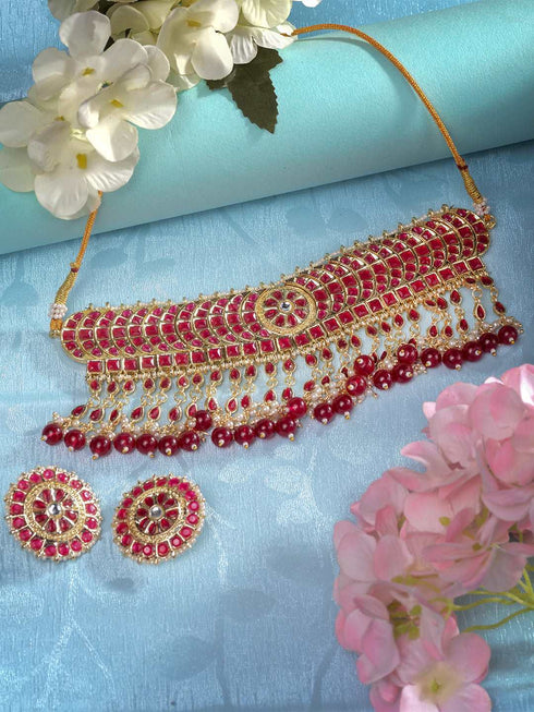 Gold Plated Red stone studded Pearl beaded Choker Jewellery set