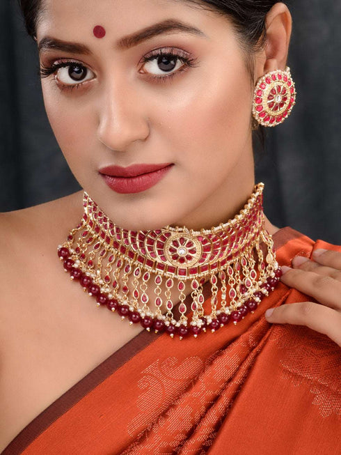 Gold Plated Red stone studded Pearl beaded Choker Jewellery set