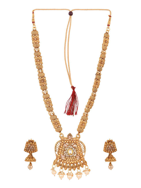Gold Plated Kundan Studded Pearl Beaded Long Necklace Jewellery Set