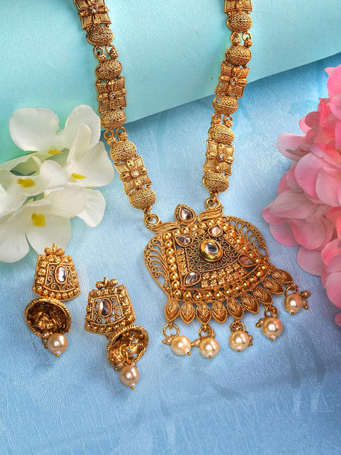 Gold Plated Kundan Studded Pearl Beaded Long Necklace Jewellery Set