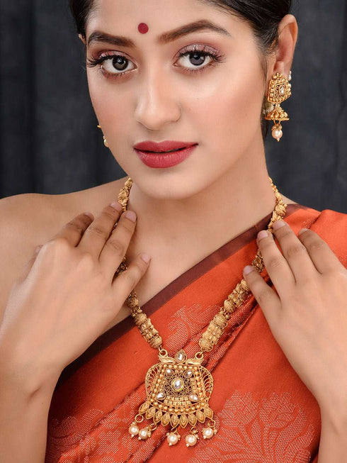 Gold Plated Kundan Studded Pearl Beaded Long Necklace Jewellery Set