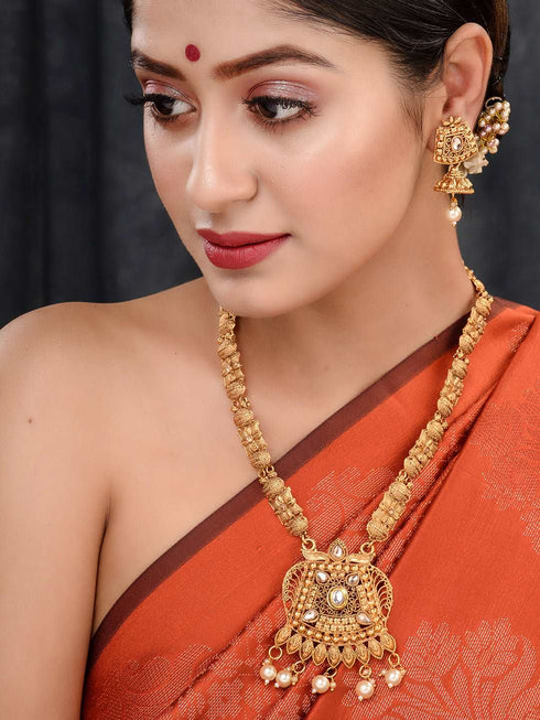 Gold Plated Kundan Studded Pearl Beaded Long Necklace Jewellery Set