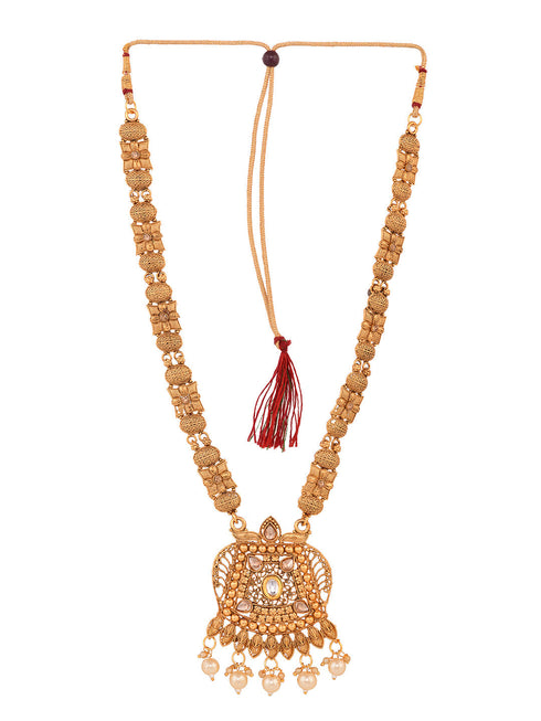 Gold Plated Kundan Studded Pearl Beaded Long Necklace Jewellery Set