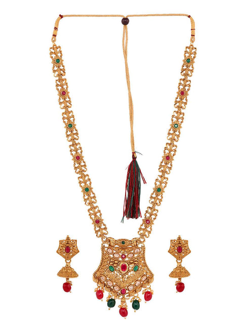 Gold Plated Red & Green stone studded floral long Temple Necklace Jewellerey Set