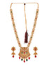 Gold Plated Red & Green stone studded floral long Temple Necklace Jewellerey Set